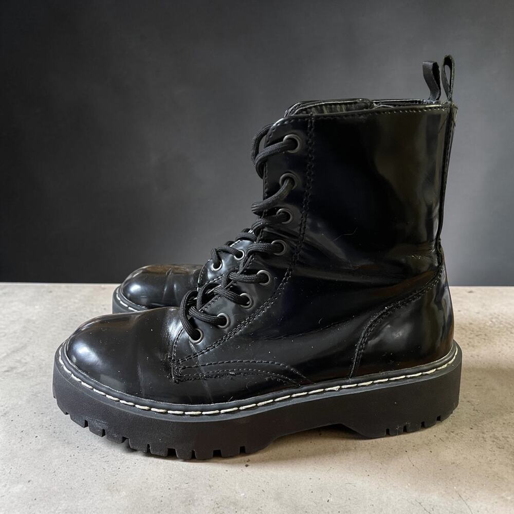 Woman's Black Ankle Boots Chunky Goth Combat Motorcycle sz 7.5 Leather Harley